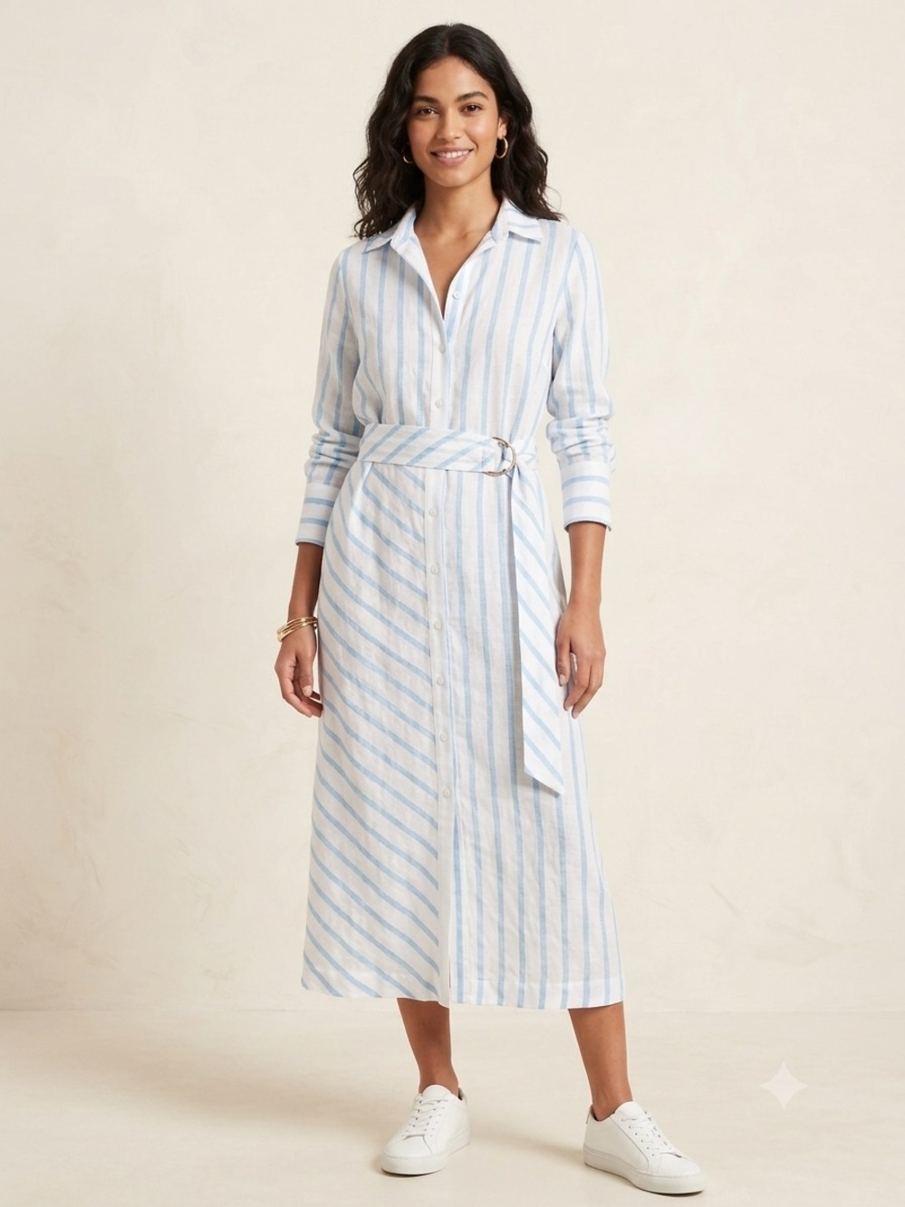 Finley Blue and White Striped Midi Shirt Dress - Large